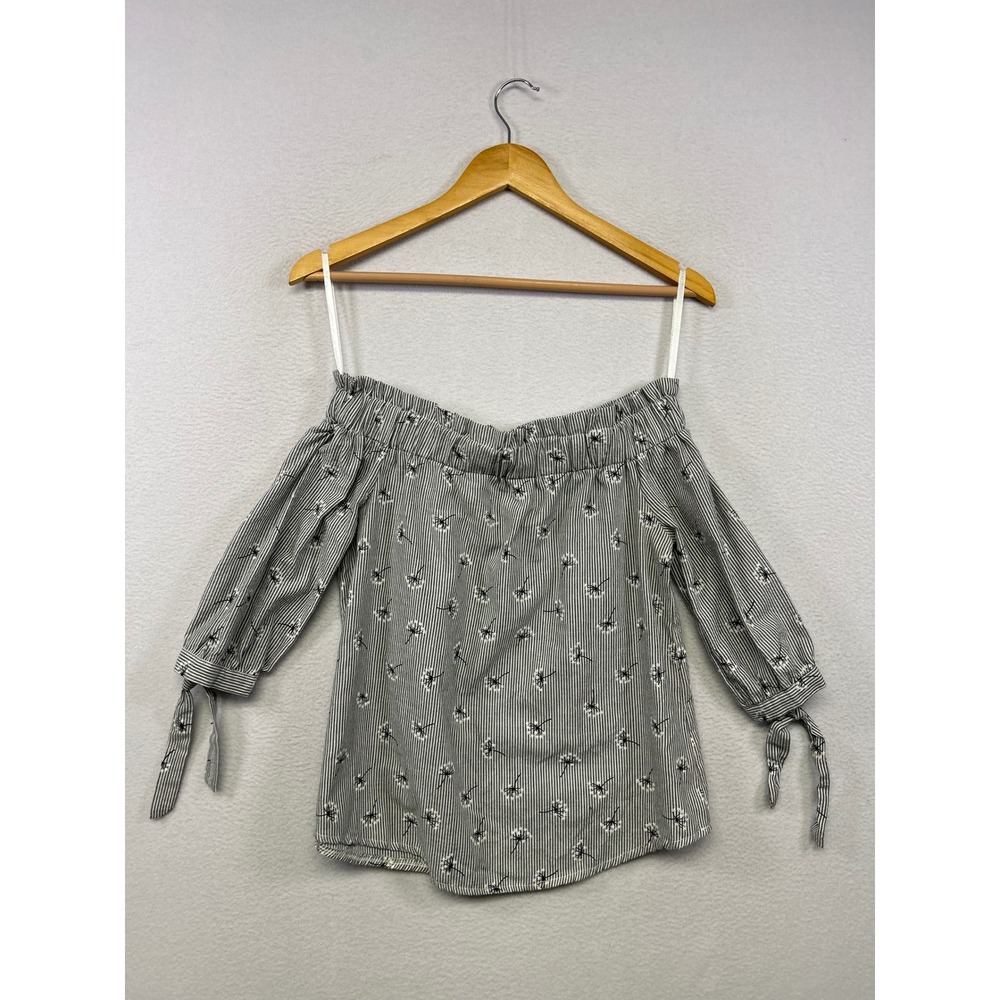 Cottagecore Love Notes Womens Small Gray Pinstripe Dandelion Off Shoulder Top
